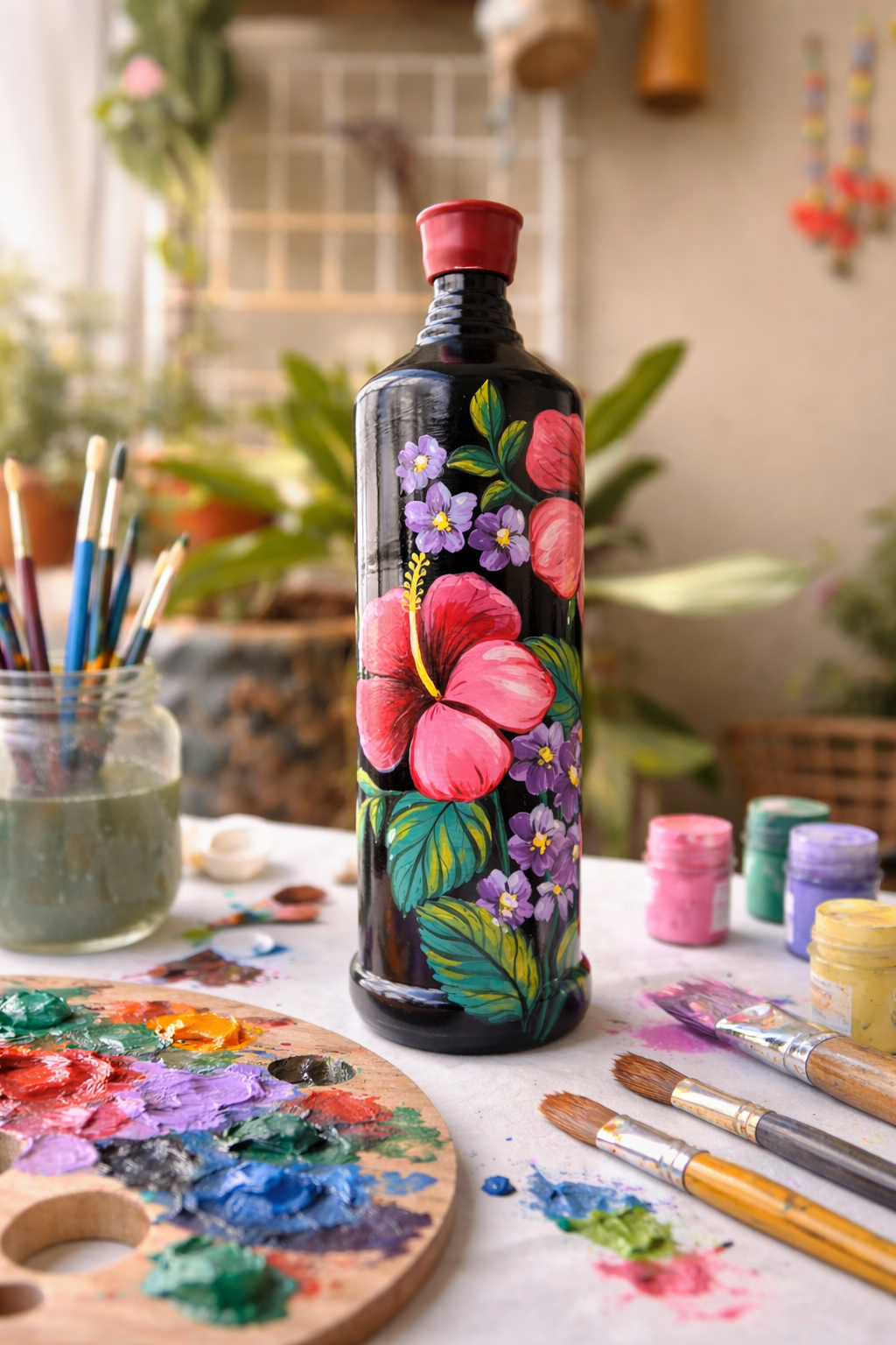 Pre-Recorded Bottle painting workshop | Scarlet Blooms