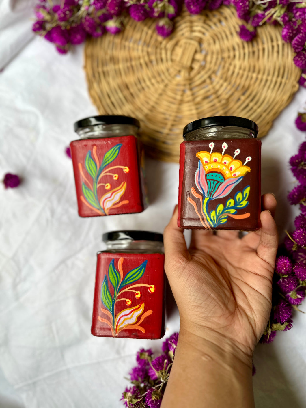 Red Floral Jars - Set of 3